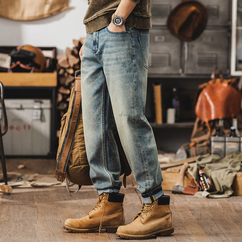 春季新款泥染復古牛仔褲男寬鬆直筒潮牌褲子男春秋做舊水洗休閒褲