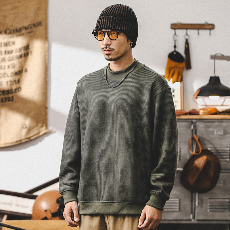 美式重磅針織肌理感衛衣男秋季寬松潮牌複古暈染圓領休閑上衣男款