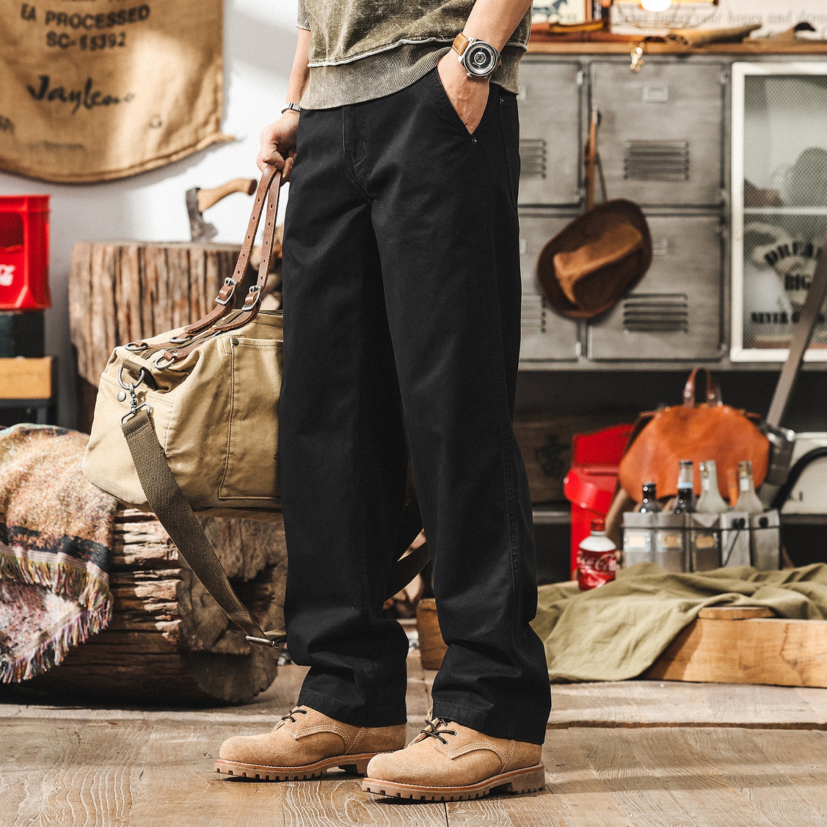 美式重磅復古工裝褲子男春季2025新款直筒長褲硬挺斜紋男士休閒褲