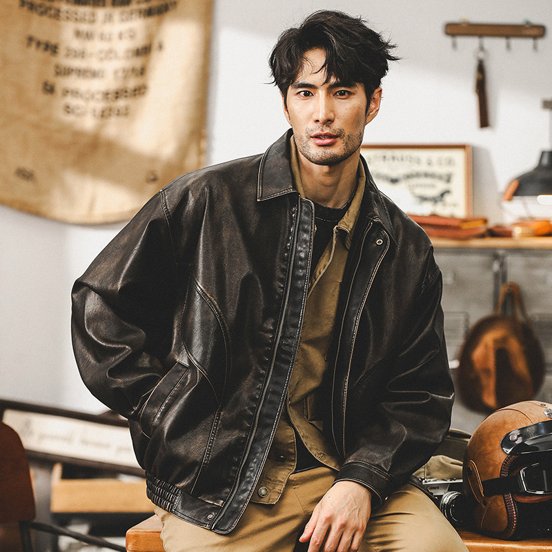 美式復古廢土風軟皮衣外套男秋季潮牌寬鬆痞帥硬漢機車工裝夾克男