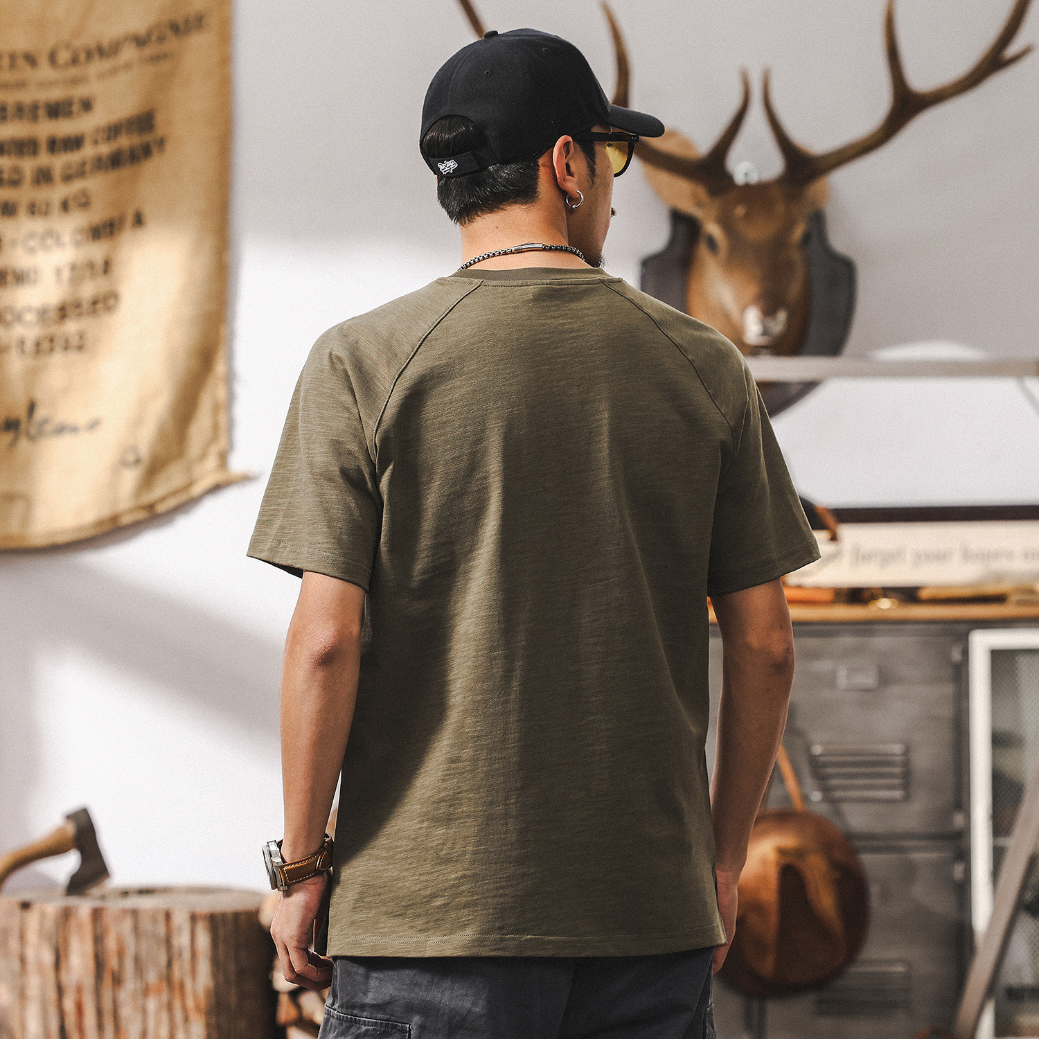 美式復古21支高密竹節T恤男夏季短袖潮牌寬鬆男士插肩袖上衣