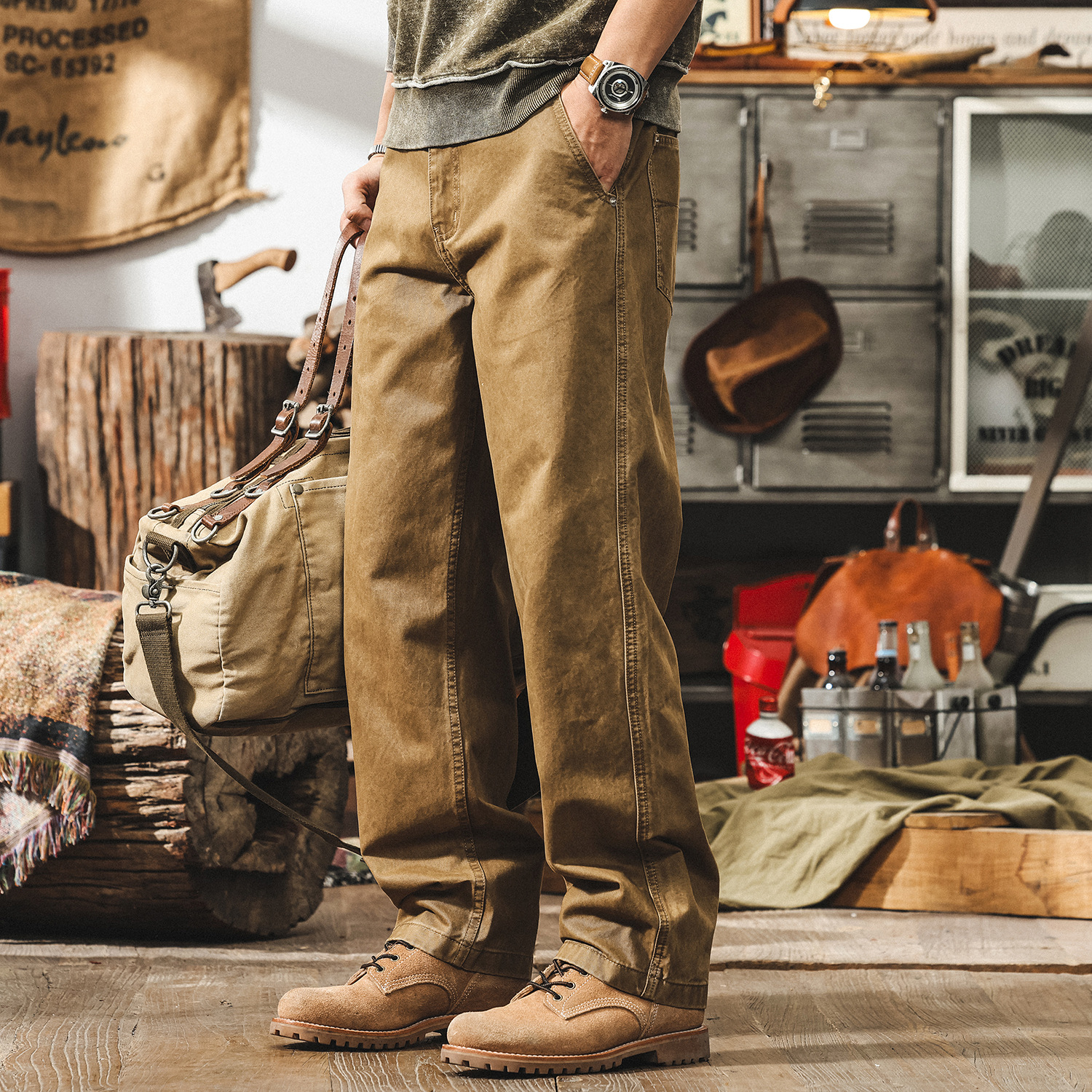 美式重磅復古工裝褲子男春季2025新款直筒長褲硬挺斜紋男士休閒褲