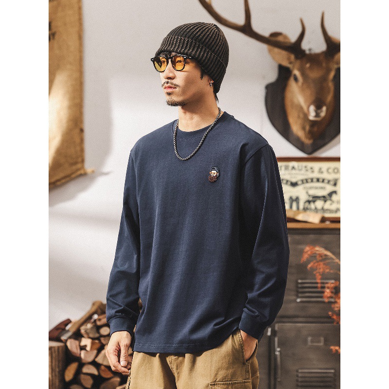 美式復古260g重磅t恤男長袖春秋新款潮牌刺繡寬鬆休閒體恤男