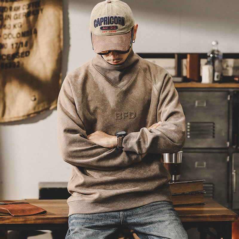 杰雷諾美式重磅衛衣男秋冬款高領紮染復古立體鋼印加絨外套男冬季