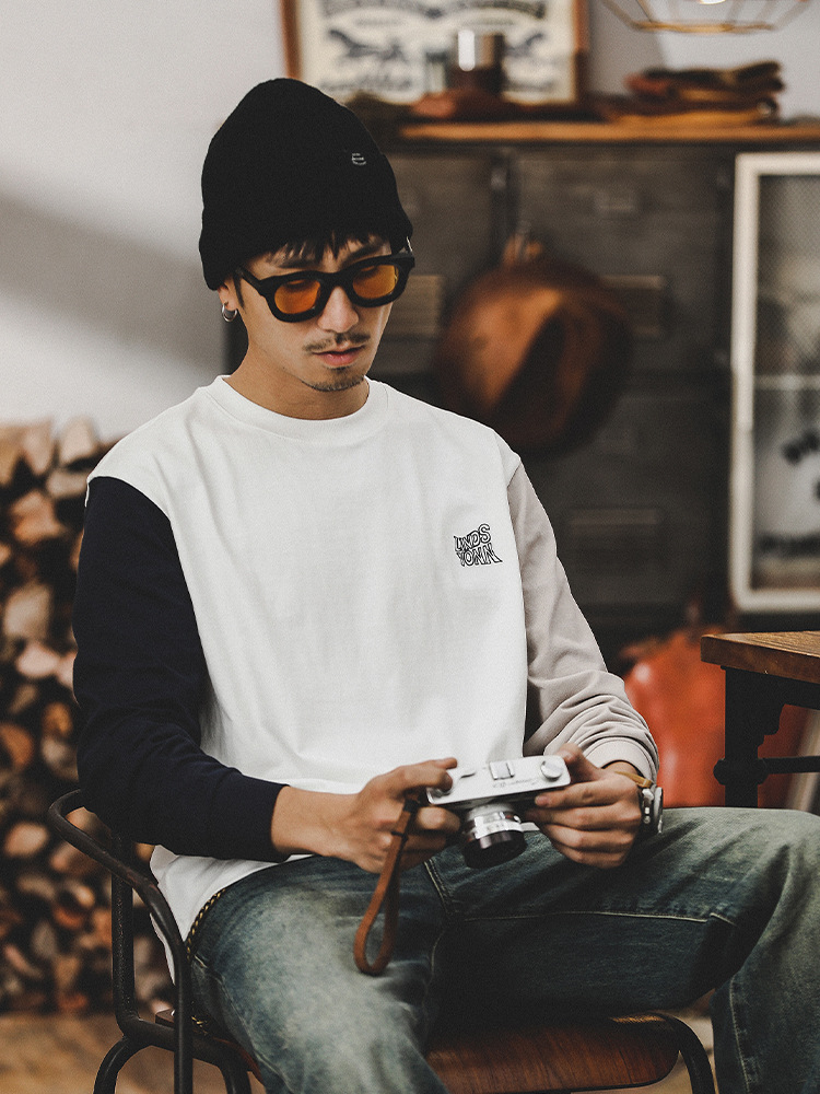 設計款痞帥重磅T恤男長袖撞色2024新款潮牌衣服男士春季上衣