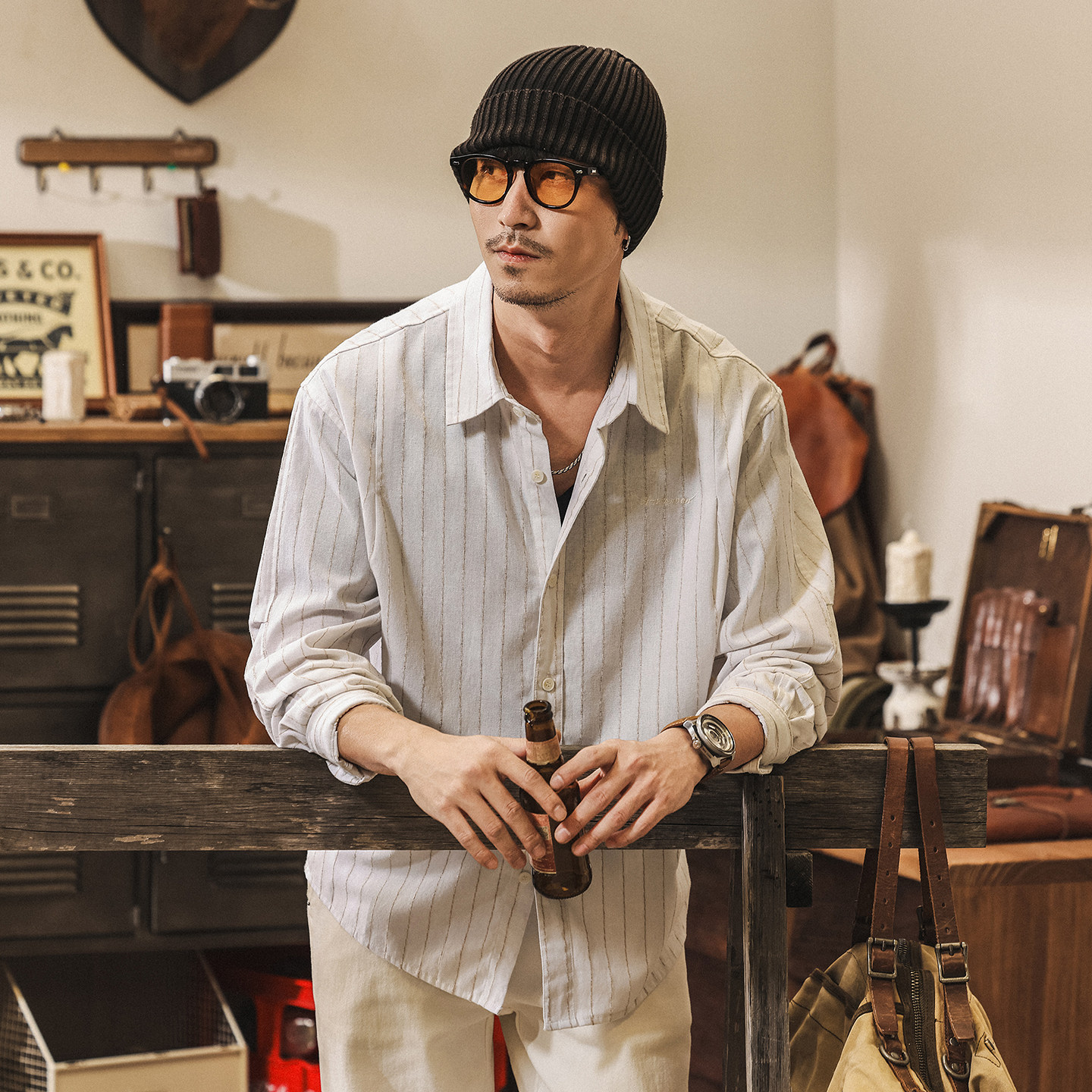 美式復古老錢風條紋襯衫男長袖春季男裝新款日系潮牌寬鬆休閒襯衣