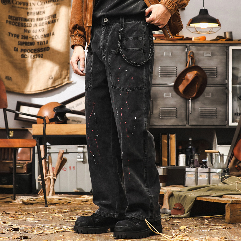 美式復古工裝牛仔褲男秋季寬鬆休閒褲2024新款潮流潑墨直筒褲子男