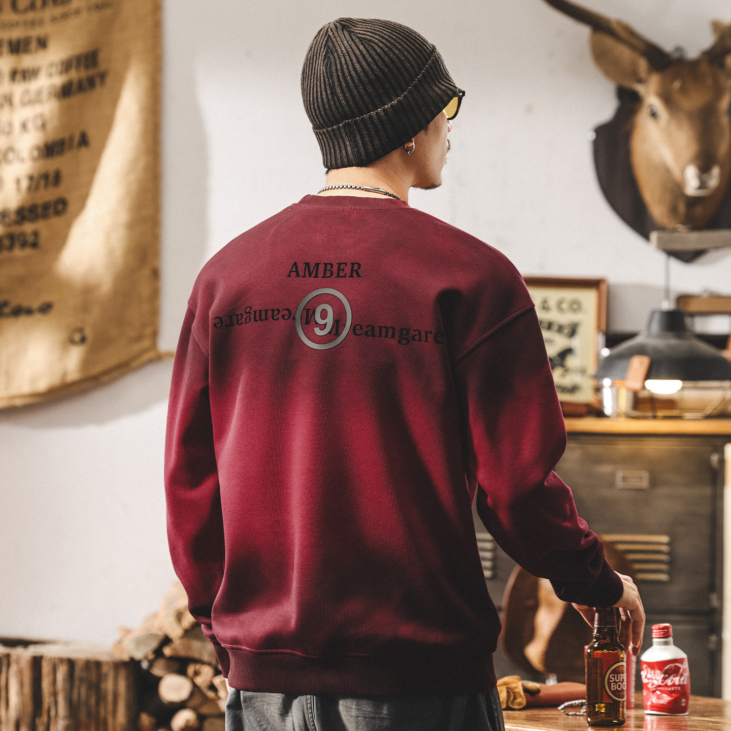 美式復古重磅圓領男士衛衣春秋新款潮牌安可拉紅寬鬆休閒秋季上衣