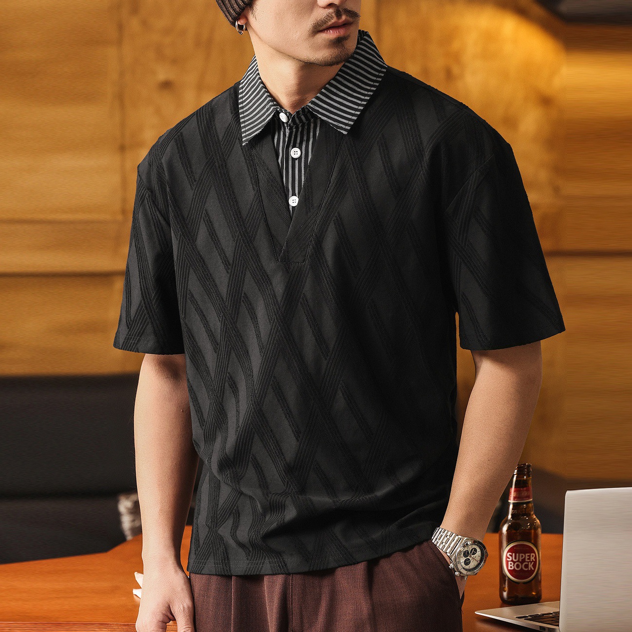 美式復古襯衫領假兩件短袖POLO衫男夏季潮流輕奢提花寬鬆男士T恤