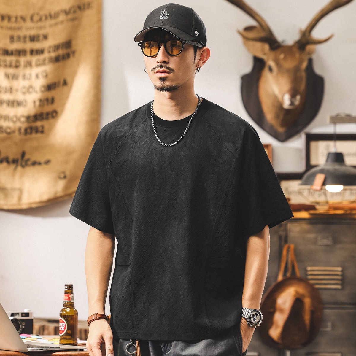 美式拼接短袖T恤男夏季新款潮牌日系復古寬鬆休閒薄款速幹上衣男