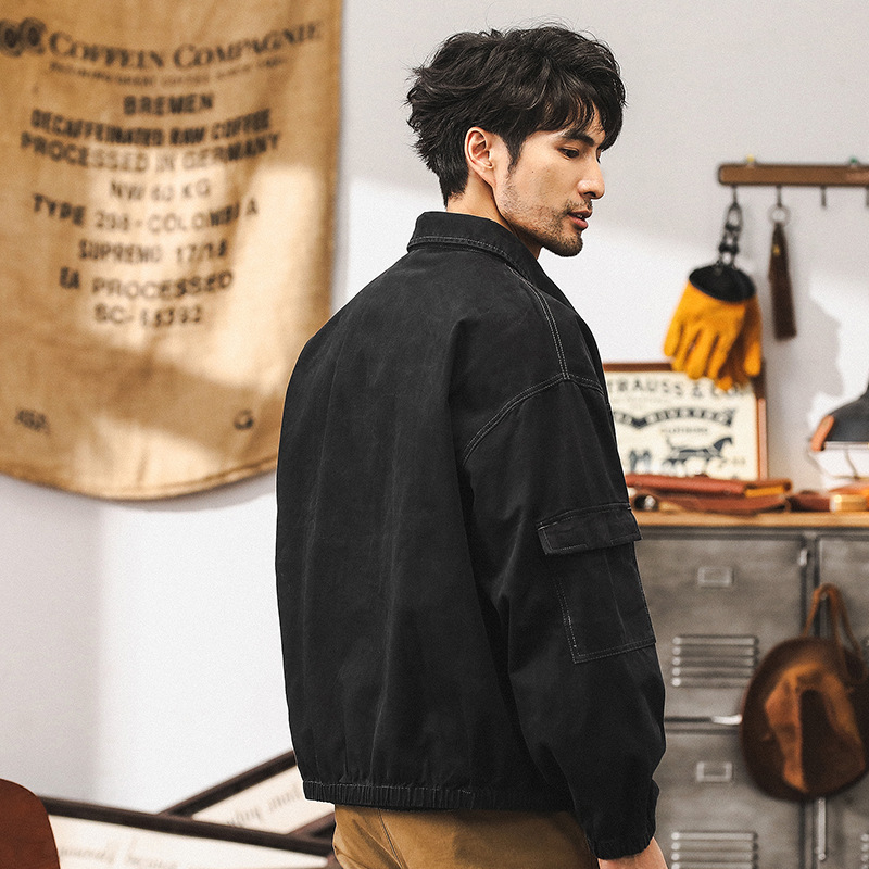 美式復古黑色牛仔外套男春秋款潮牌硬漢獵裝戶外機能工裝秋季夾克
