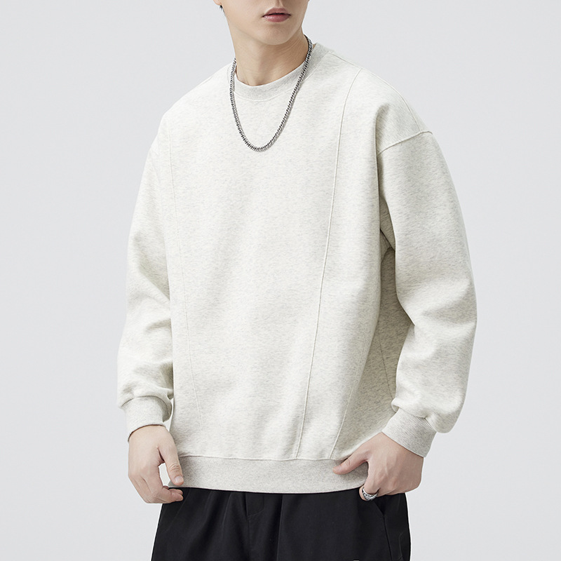 日系復古秋季新款男士拼接設計長袖衛衣寬鬆百搭潮圓領休閒純色T