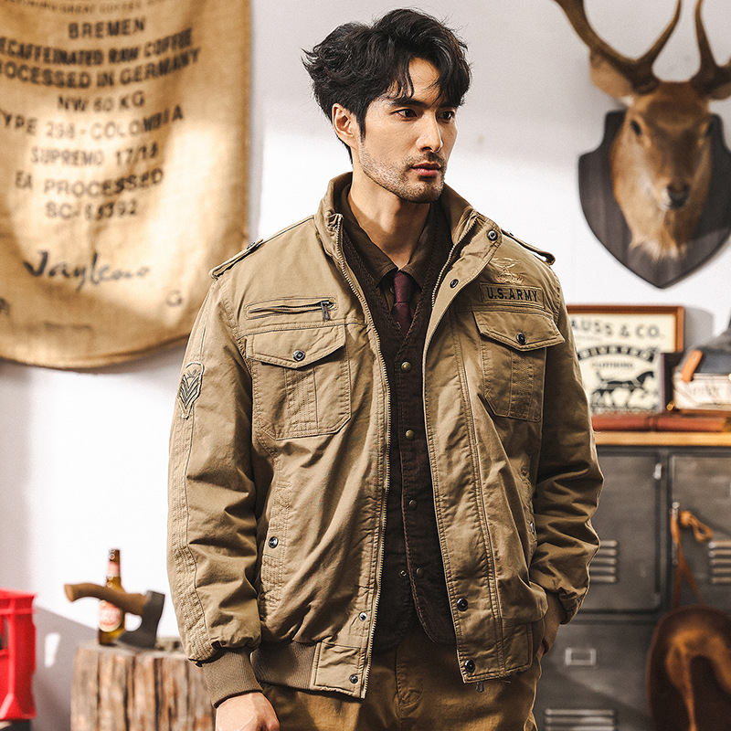 美式復古飛行員夾克棉服外套男秋冬款軍事工裝冬季加絨加厚棉衣男