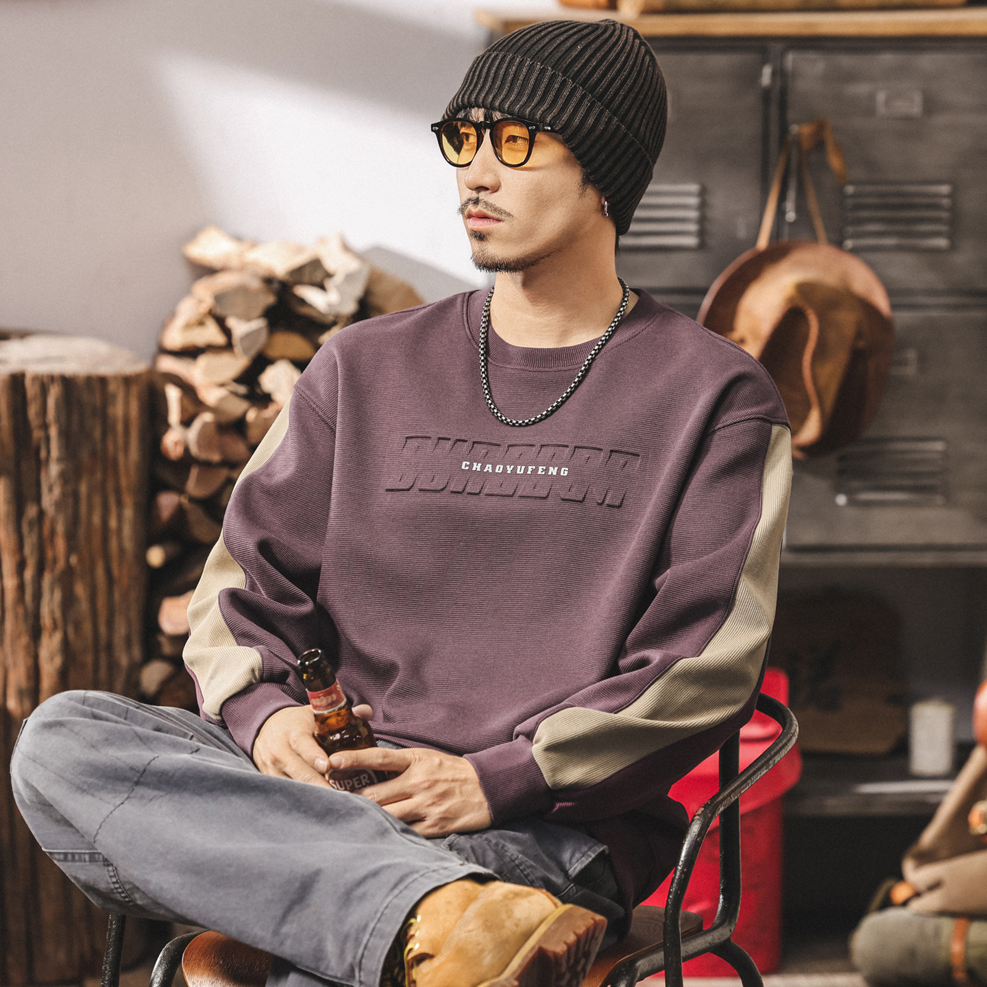 美式重磅復古加絨衛衣男冬季新款加厚潮牌立體鋼印寬鬆休閒上衣男