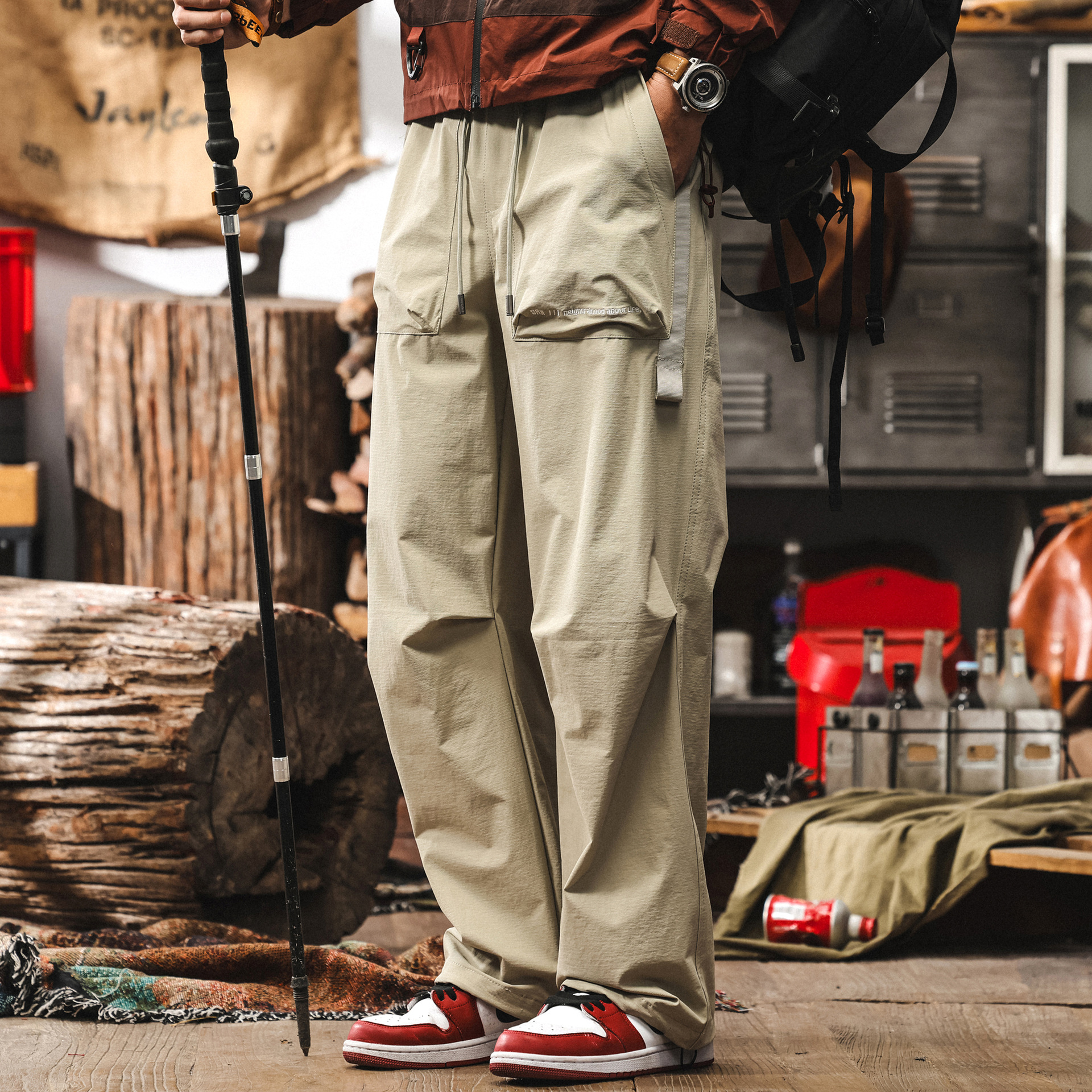 杏色薄款休閒長褲男寬鬆直筒潮牌男士褲子夏季戶外速幹工裝傘兵褲