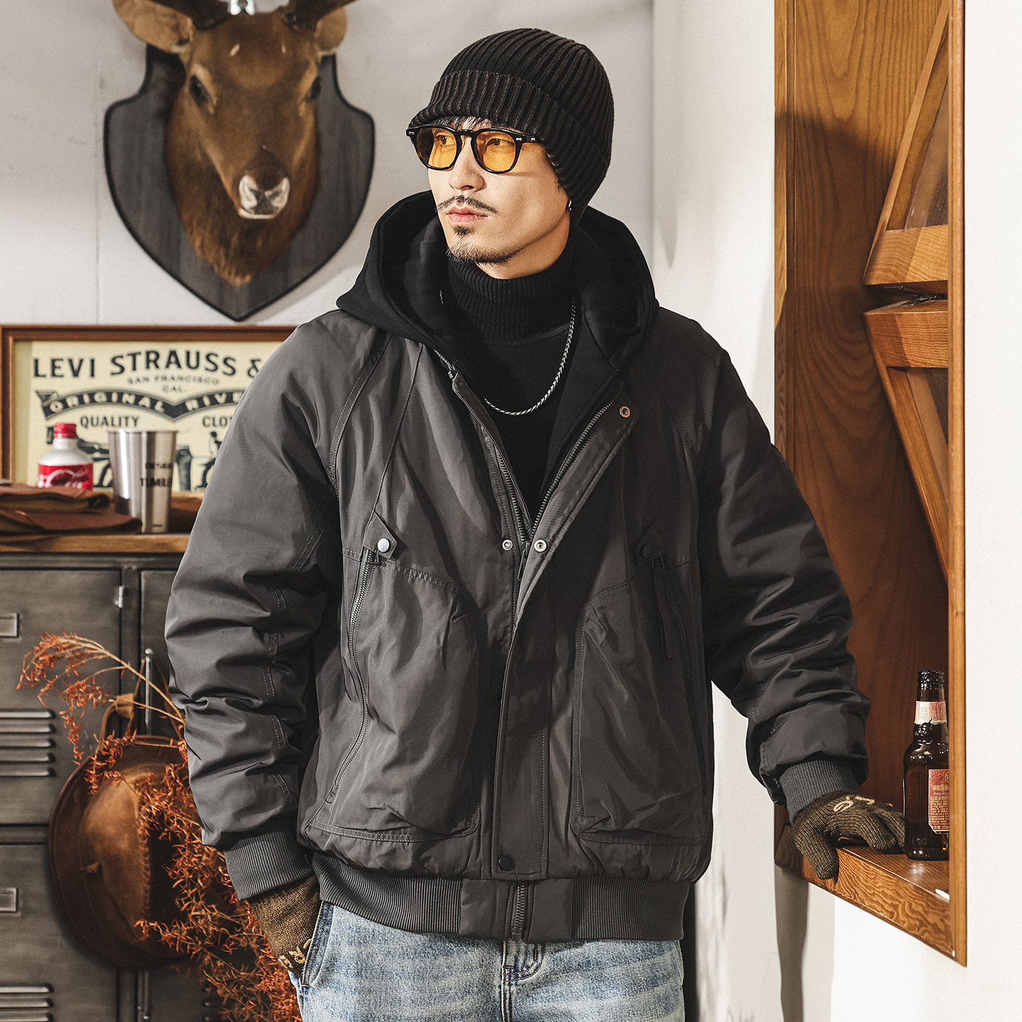 美式復古假兩件工裝羽絨服男冬季加厚90%白鴨絨禦寒保暖連帽外套