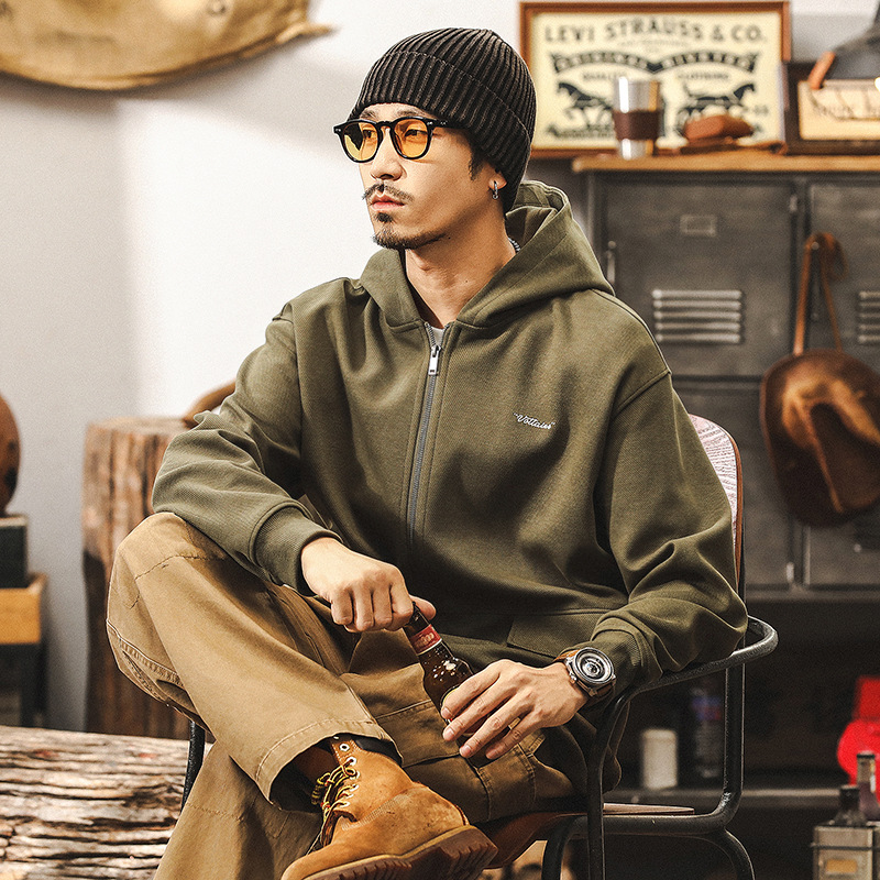 美式復古重磅開衫連帽衛衣男秋季潮牌寬鬆大碼斜紋針織秋冬外套男