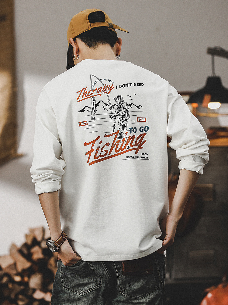 美式戶外釣魚印花重磅T恤男長袖2024新款男裝潮牌寬鬆上衣男