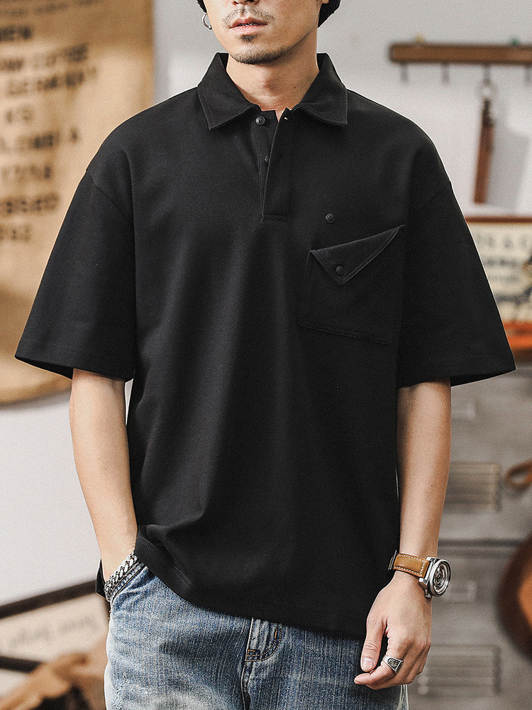 美式復古重磅polo衫短袖男夏季寬鬆休閒古著上衣簡約設計感男T恤