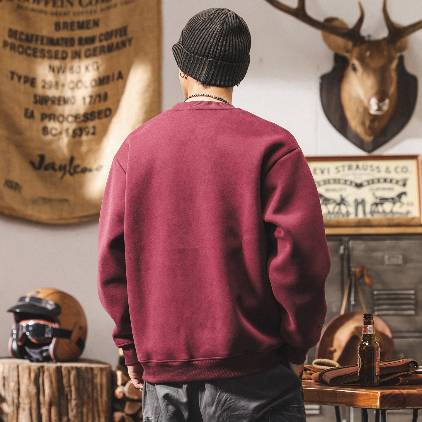 美式復古420g重磅衛衣男春秋2025新款潮牌刺繡寬鬆男士棗紅色上衣