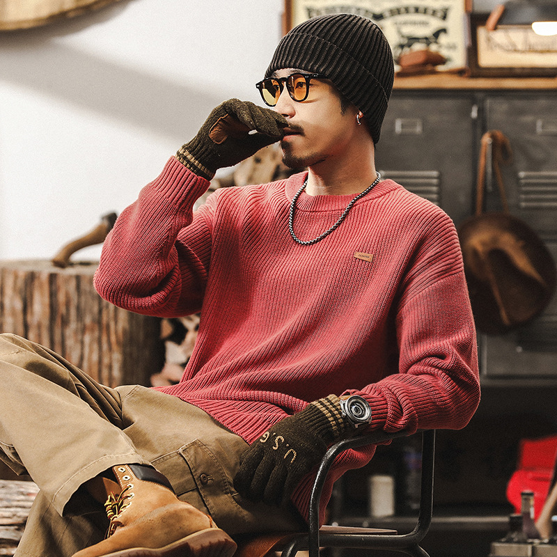 美式復古550g重磅珊瑚紅毛衣男冬季潮牌寬鬆簡約百搭針織衫秋冬款