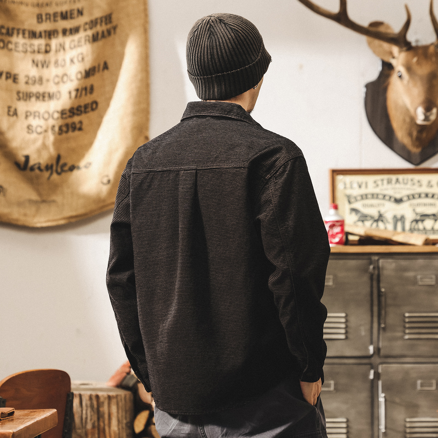 美式復古高級感雪尼爾提花條紋襯衫外套男春秋新款寬鬆休閒襯衣男