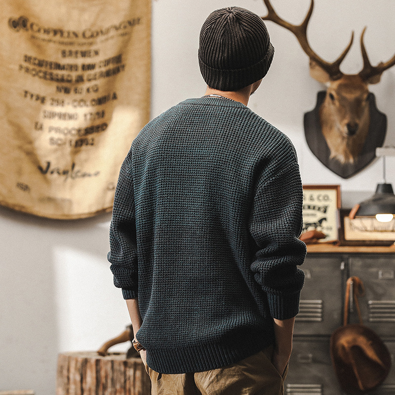美式復古重磅毛衣男冬季加厚潮牌線衫男日系慵懶風寬鬆休閒針織衫