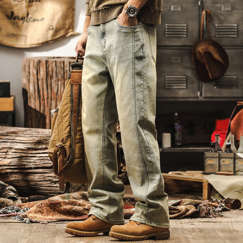 美式經典復古黃泥染牛仔褲男秋季新款潮牌高街寬鬆直筒休閒長褲男