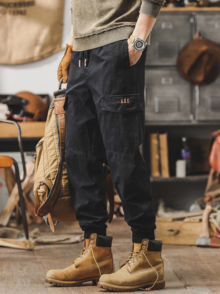春季新款工裝褲子男寬鬆直筒男士休閒褲痞帥男褲子潮牌束腳哈倫褲