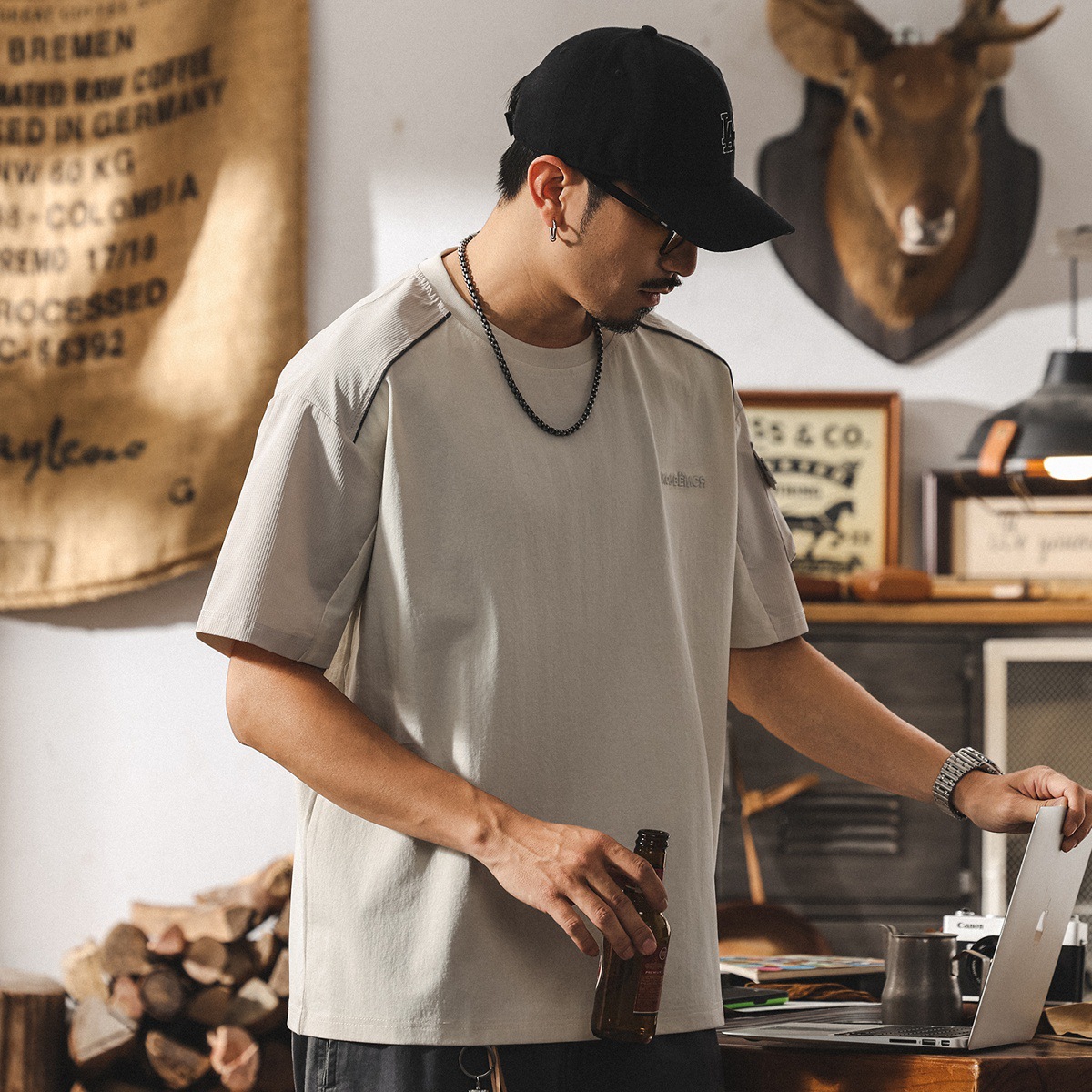 美式復古潮流男士夏季短袖t恤2025新款拼接撞色體恤寬鬆休閒上衣