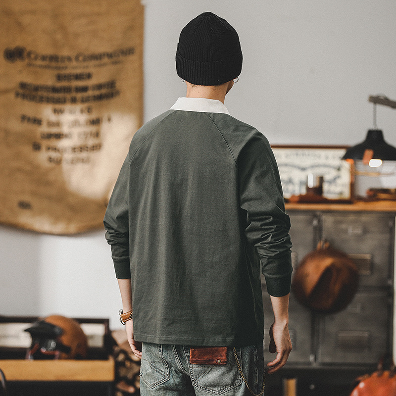 春季新款長袖T恤男士2024寬鬆美式復古男士polo衫潮牌上衣男