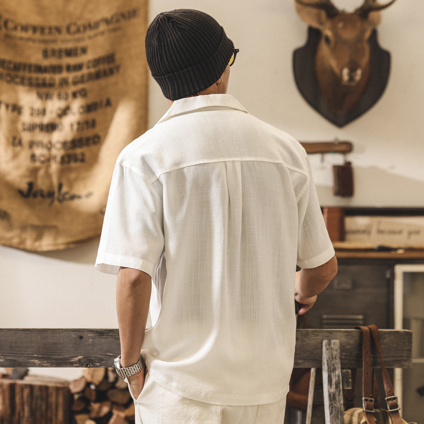 萊賽爾古巴領亞麻短袖襯衫男夏季薄款2026新款美式慵懶老錢風襯衣