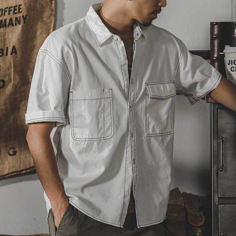 杰雷諾美式復古水洗工裝襯衫男半袖夏季新款寸衫短袖襯衣男款