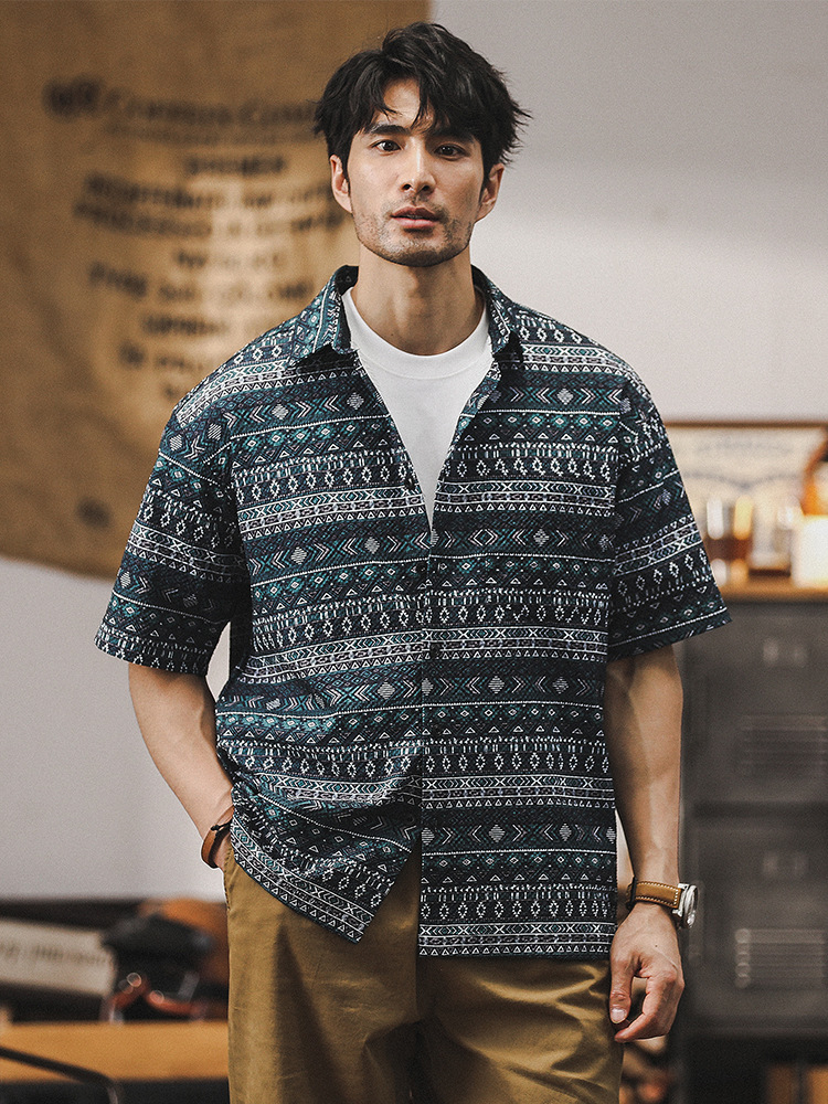 夏威夷短袖花襯衫男2024新款美式戶外休閒寬鬆透氣涼感泡泡紗襯衣