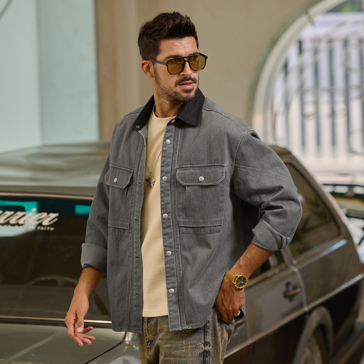 美式復古工裝襯衫男春季2026新款寬鬆硬漢帥氣獵裝夾克外套男春秋