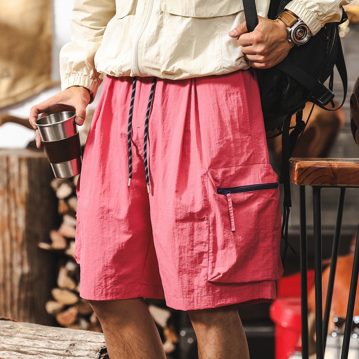 涼感冰絲工裝短褲男夏季薄款美式復古戶外防水速幹寬鬆大碼五分褲