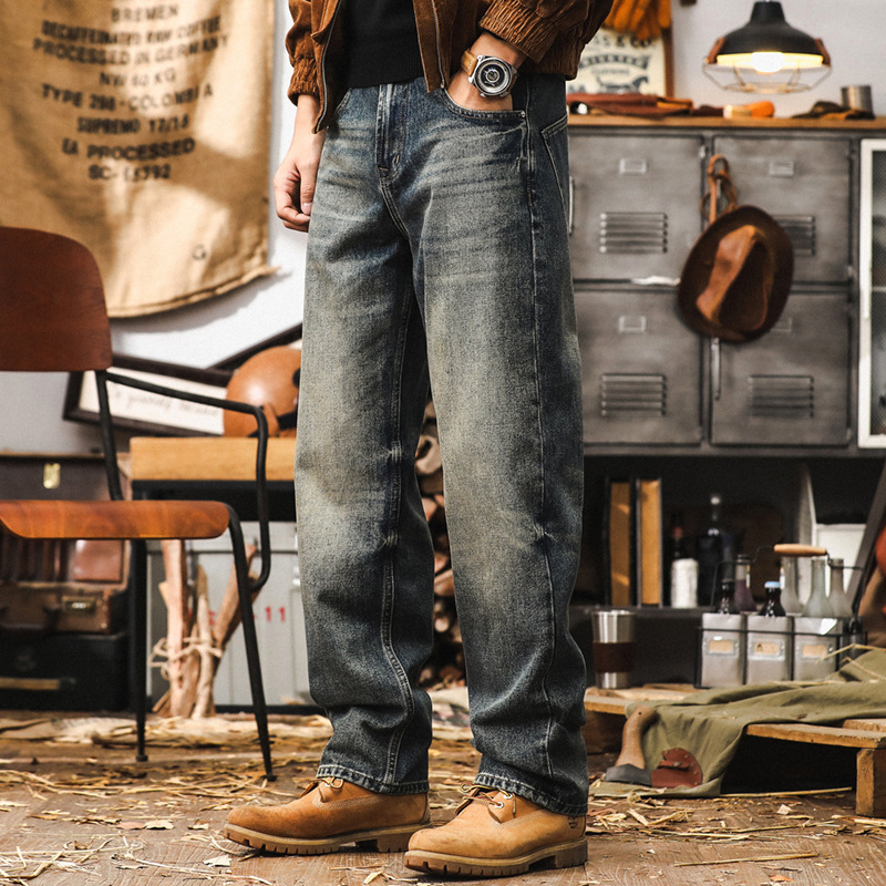美式復古秋季牛仔褲男直筒潮牌工裝褲子男寬松納米水洗休閒長褲男