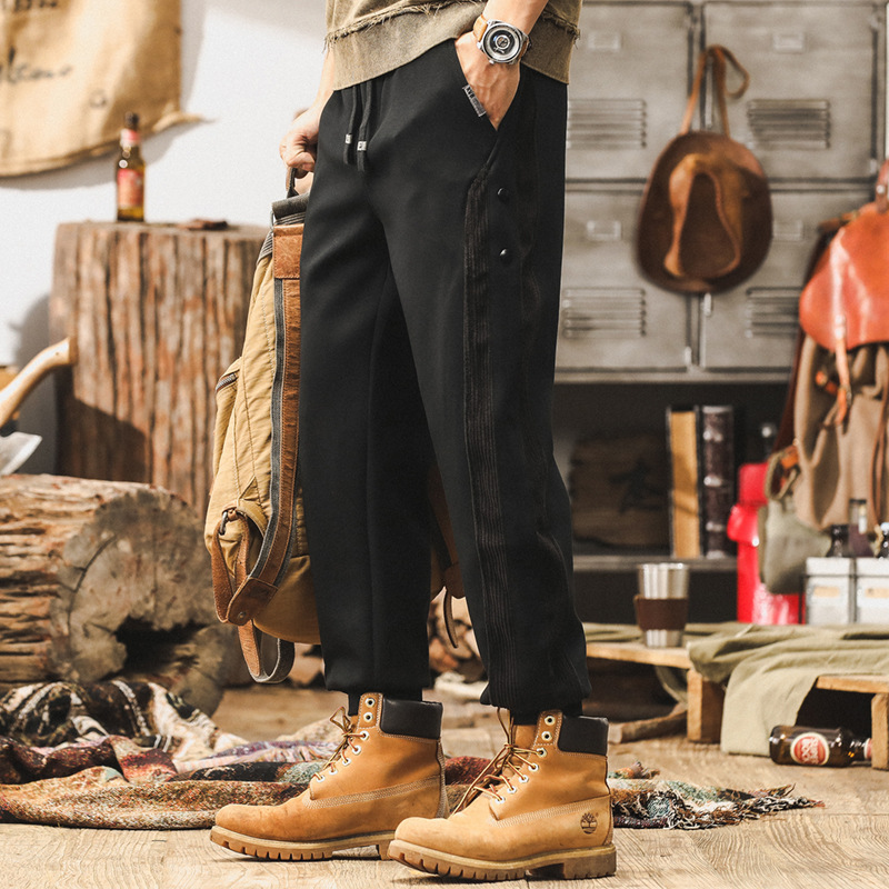 美式復古高級感空氣層抗皺休閒褲男秋冬款加絨潮牌寬鬆運動束腳褲