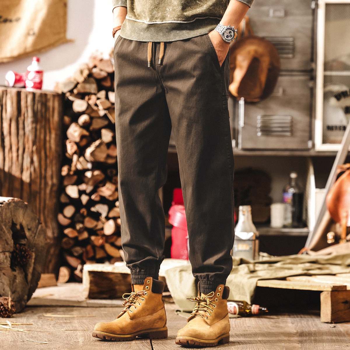 美式復古簡約潮牌工裝褲子男秋季新款男士休閒褲寬鬆大碼束腳褲潮