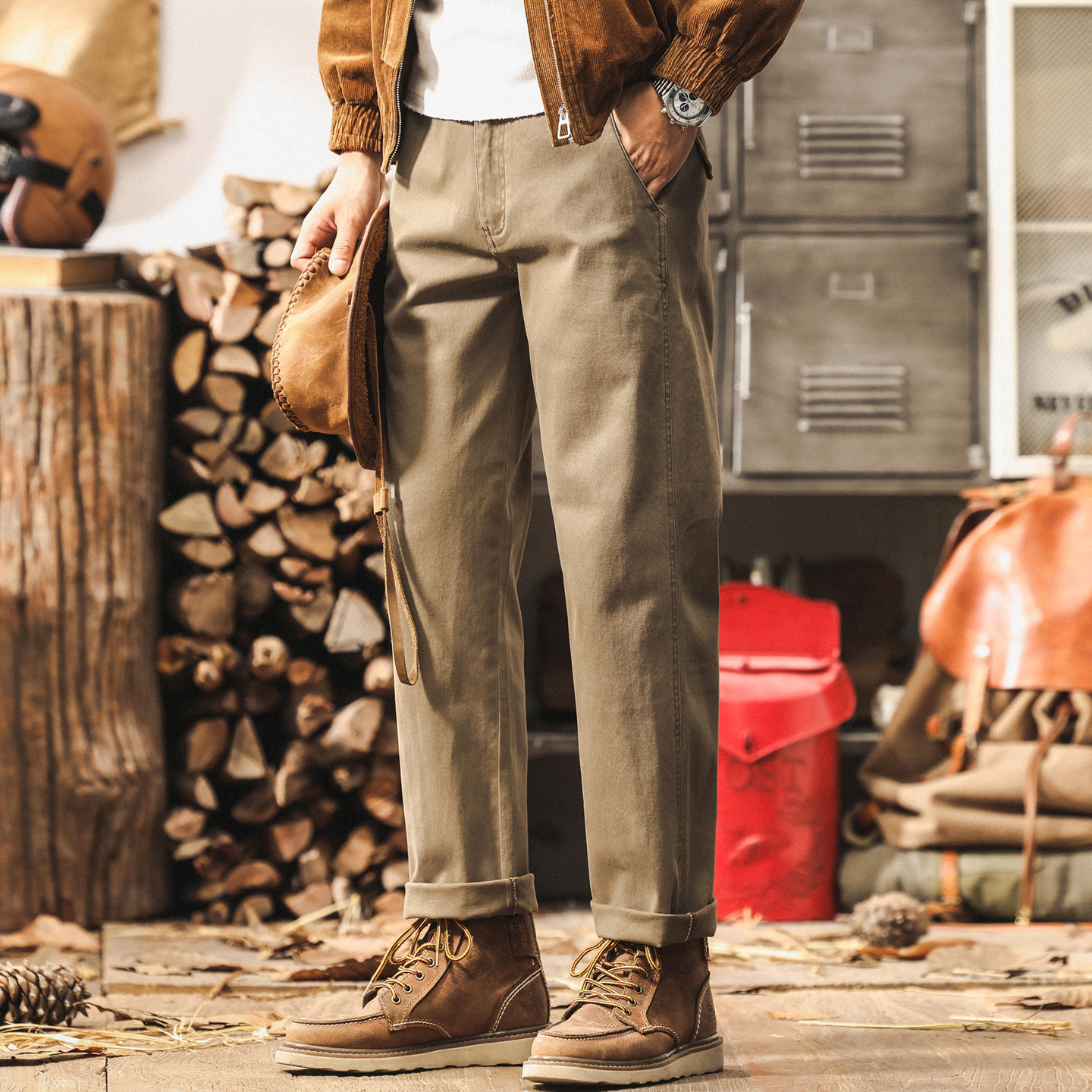 美式工裝復古卡其色褲子男款秋季潮牌寬鬆直筒新款簡約男士休閒褲