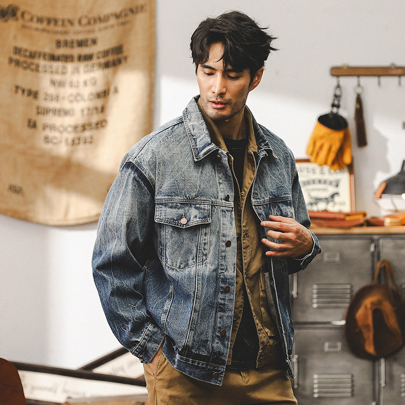 美式重磅漸變牛仔外套男春秋款潮流複古紮花寬松休閑男士工裝夾克
