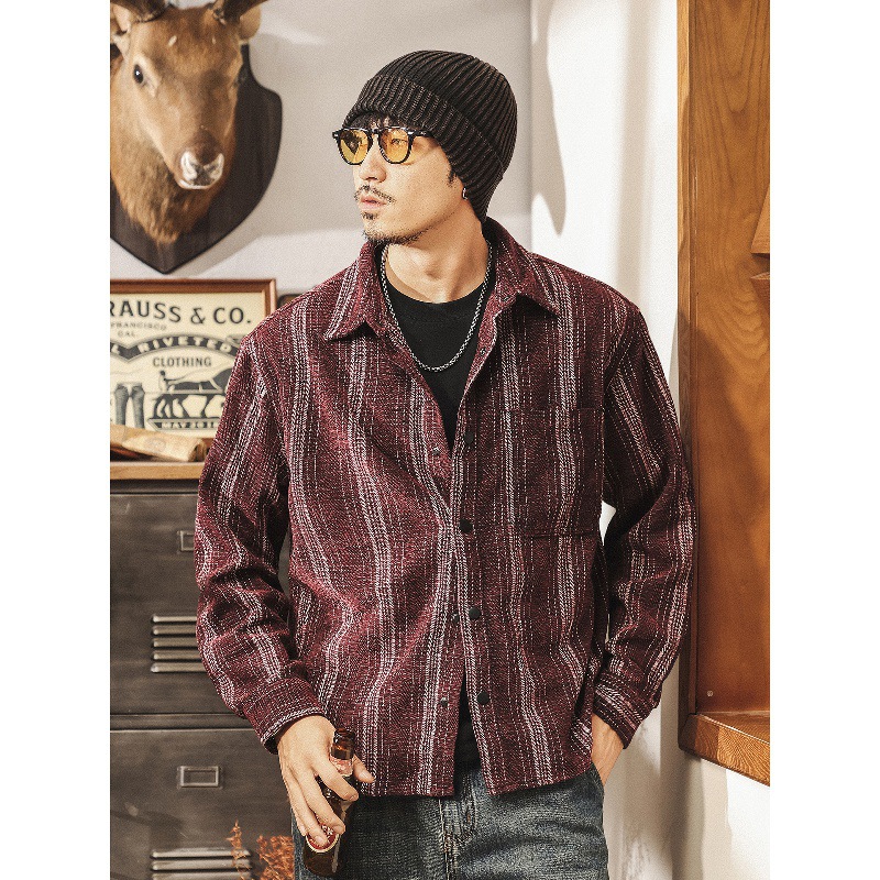 美式復古雪尼爾條紋提花襯衫外套男春秋新款寬鬆古着休閒長袖襯衣