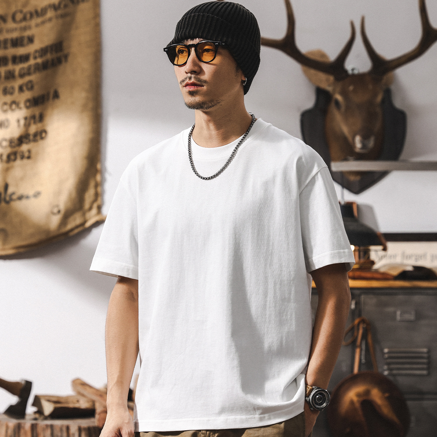 美式復古T恤男夏季重磅純色短袖潮牌寬鬆簡約百搭圓領上衣男