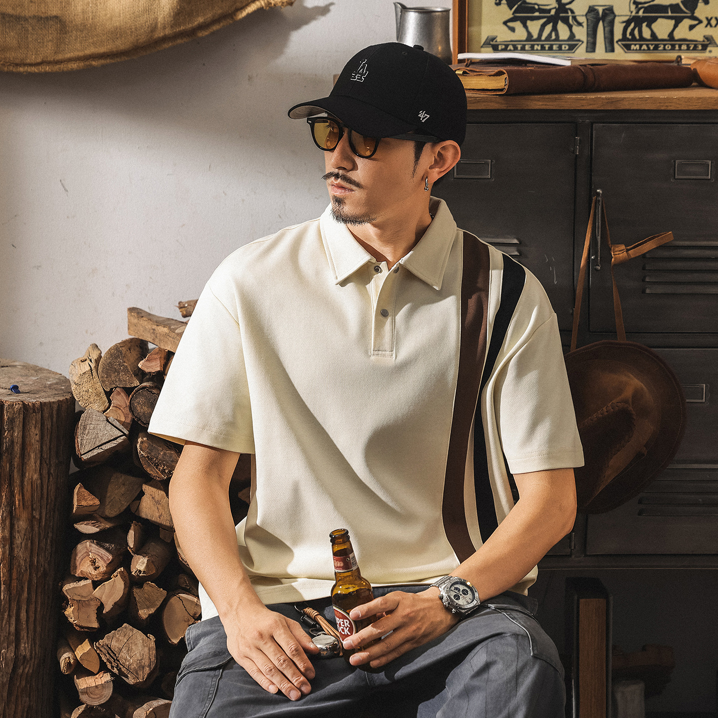 美式潮牌重磅POLO衫男夏季新款撞色條紋短袖t恤寬鬆潮牌翻領體恤