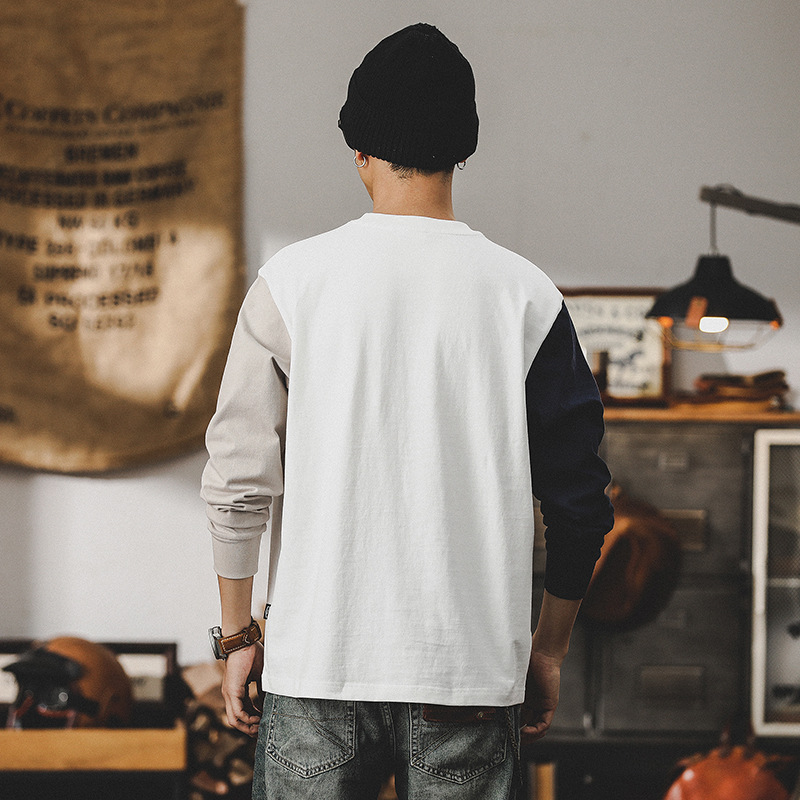 設計款痞帥重磅T恤男長袖撞色2024新款潮牌衣服男士春季上衣