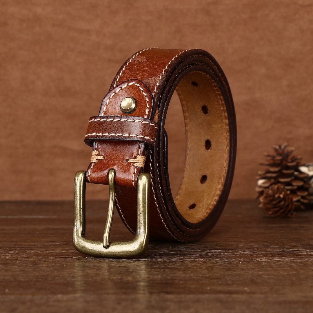 3.4CM男女腰帶激光雕刻復古頭層牛皮皮帶個性銅釦休閒腰帶