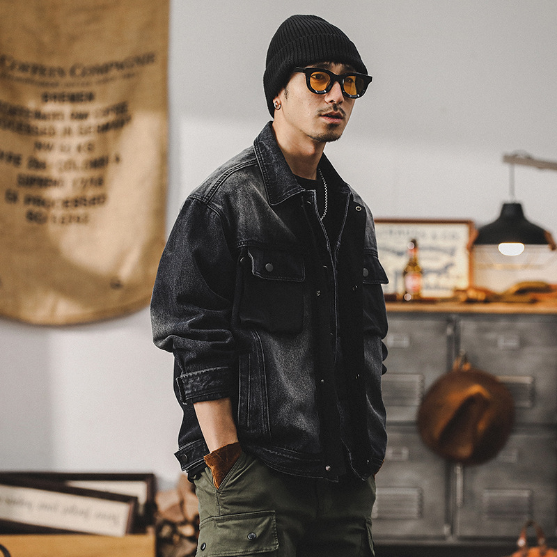 春季黑色牛仔外套男潮牌拼接高級感2024新款痞帥美式工裝休閒夾克