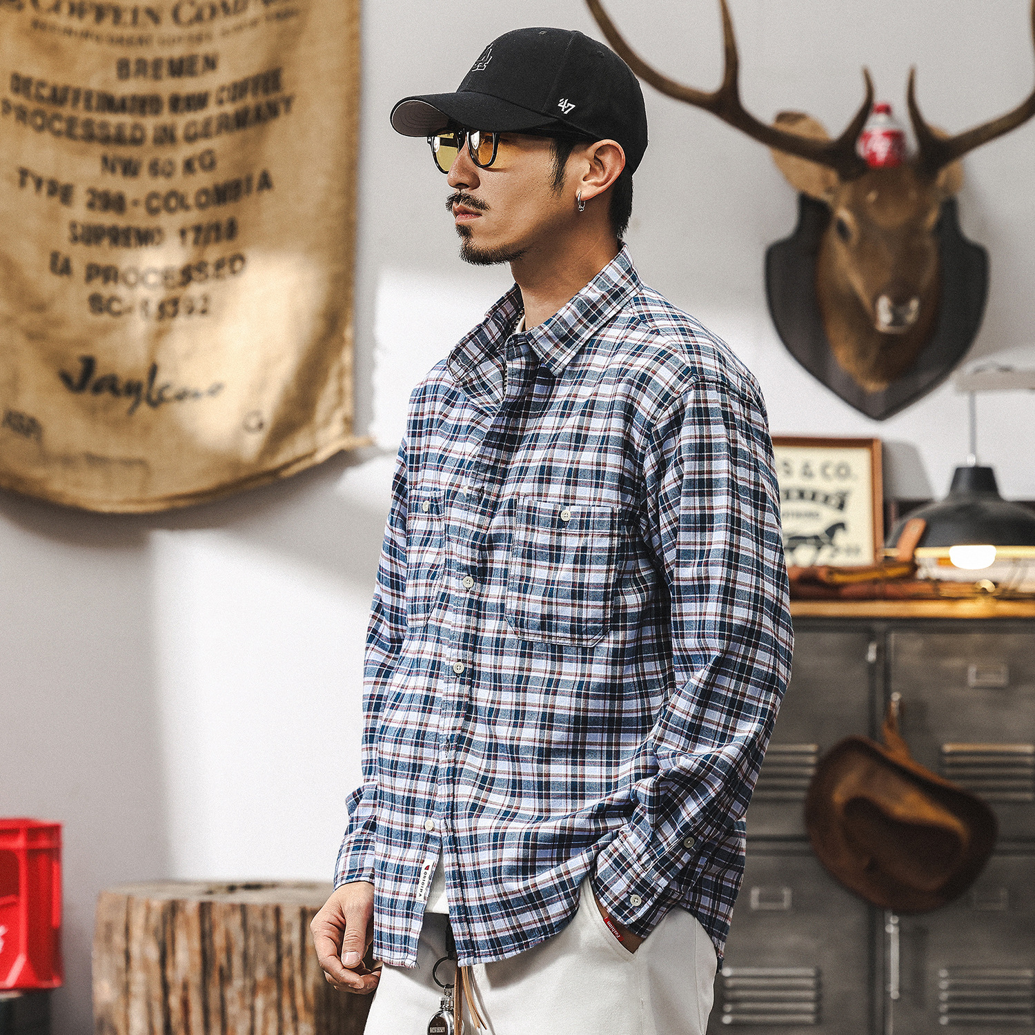 美式復古格子襯衫男長袖春季2025新款日系寬鬆潮流休閒襯衣男上衣