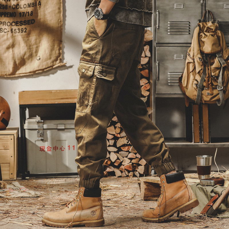 美式重磅復古工裝褲子男寬鬆直筒束腳褲2023年秋冬款潮流休閒長褲