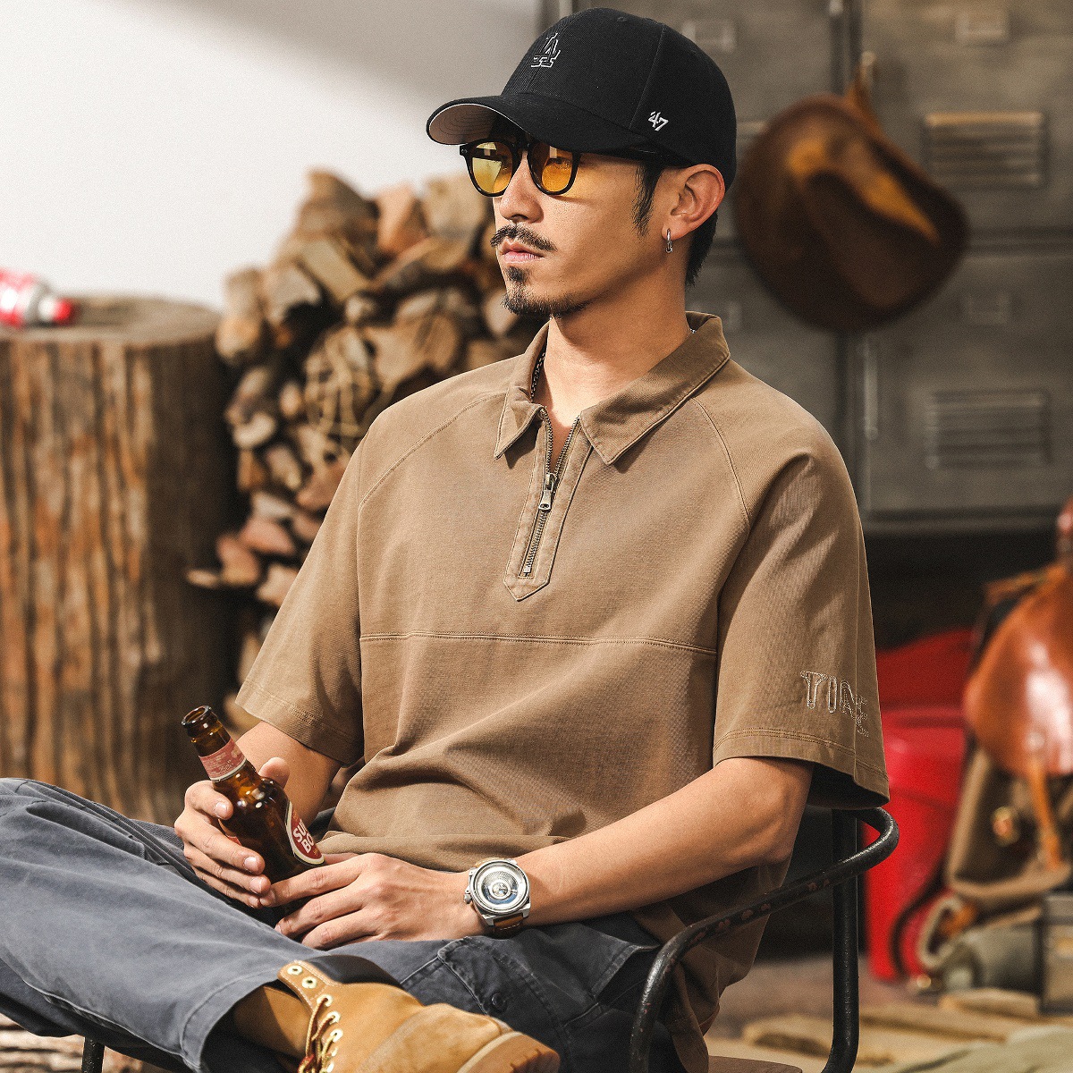 美式復古260g重磅T恤男短袖夏季2025新款寬鬆半拉鍊翻領polo衫男